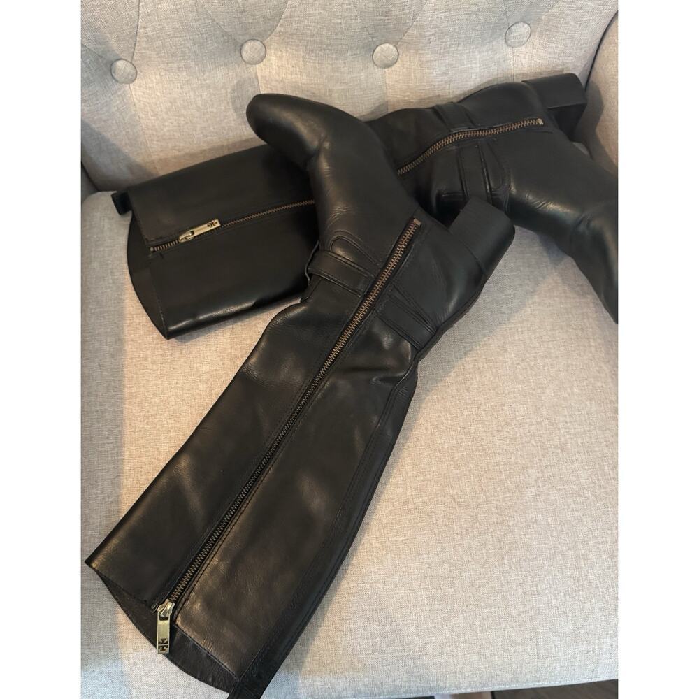 Tory Burch Donavan Riding Boots Black Leather Gold Logo Harness Knee High 7.5 - Picture 8 of 16
